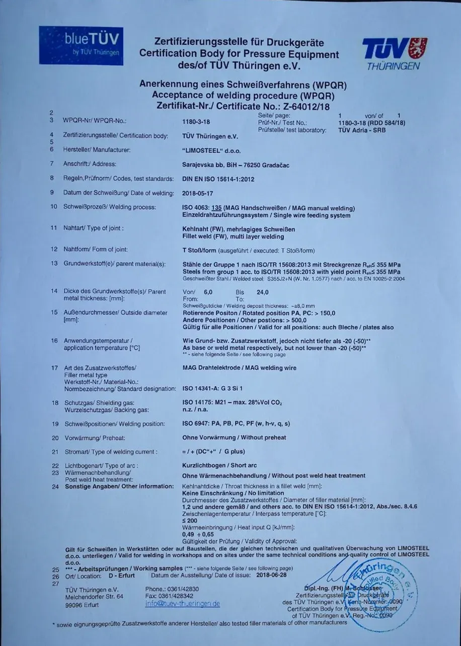 WPQR — Z-64012/18 — Kvalifikacija postupka zavarivanja, izdao TÜV Thüringen — Certification Body for Pressure Equipment